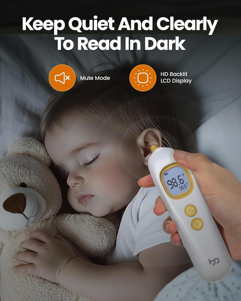 Femometer ميزان حرارة للأذن، ميزان حرارة دقيق للغاية للأطفال والبالغين والصغار، 32 ذاكرة استرجاع، 1 ثانية سريعة، 3 ألوان إنذار للحمى مع وضع كتم الصوت، 21 غطاء مسبح قابل للتخلص منه - Image 2